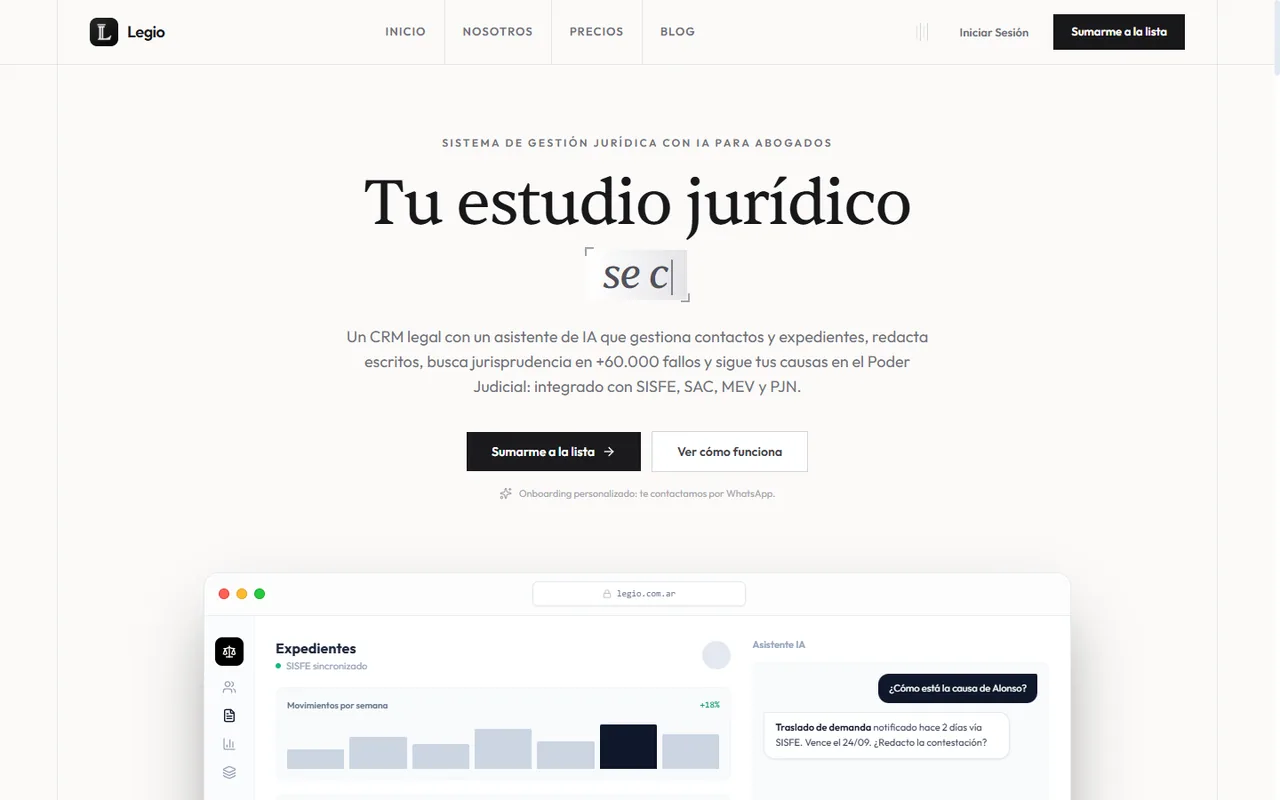 Captura de Legio: SaaS legal con IA